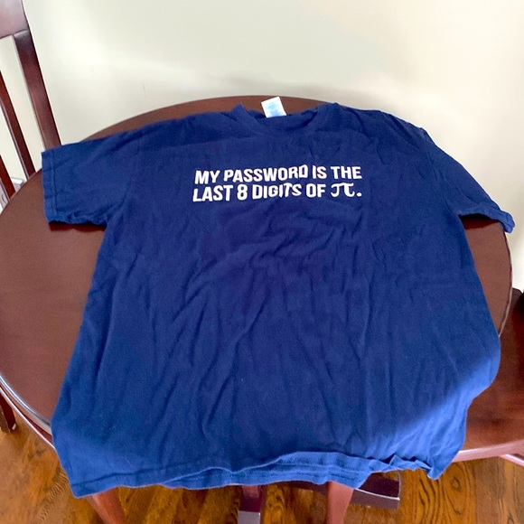 Navy blue tee shirt with phrase, "my password is the last 8 digits of pi" - Picture 1 of 2